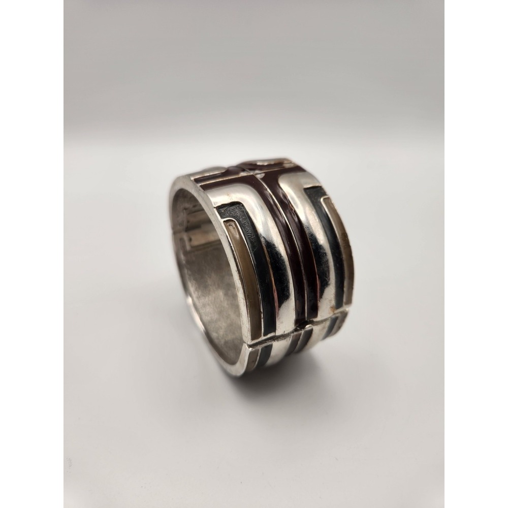 Lanvin Paris Vintage Art Deco Enamel Hinged Cuff Bracelet Silver Brown Black‎